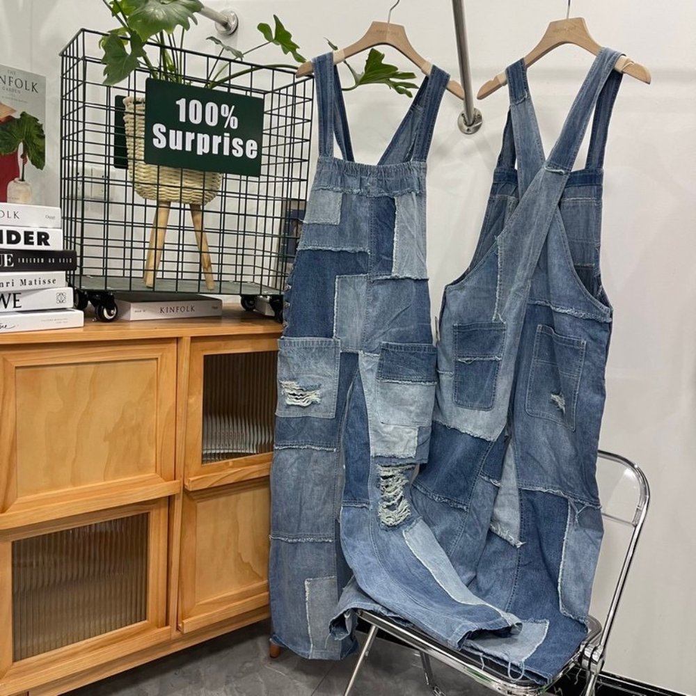 We the Free People Baggy Denim Jumpsuit Fern Overalls Patchwork Raw Hem Grunge - Picture 6 of 11